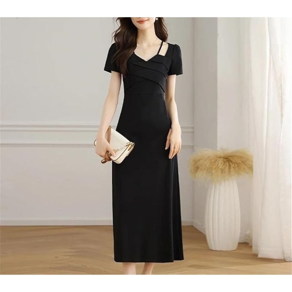 Elegant Black Criss Cross Pleated Midi Dress‎ Short Sleeve Asymmetrical Neck